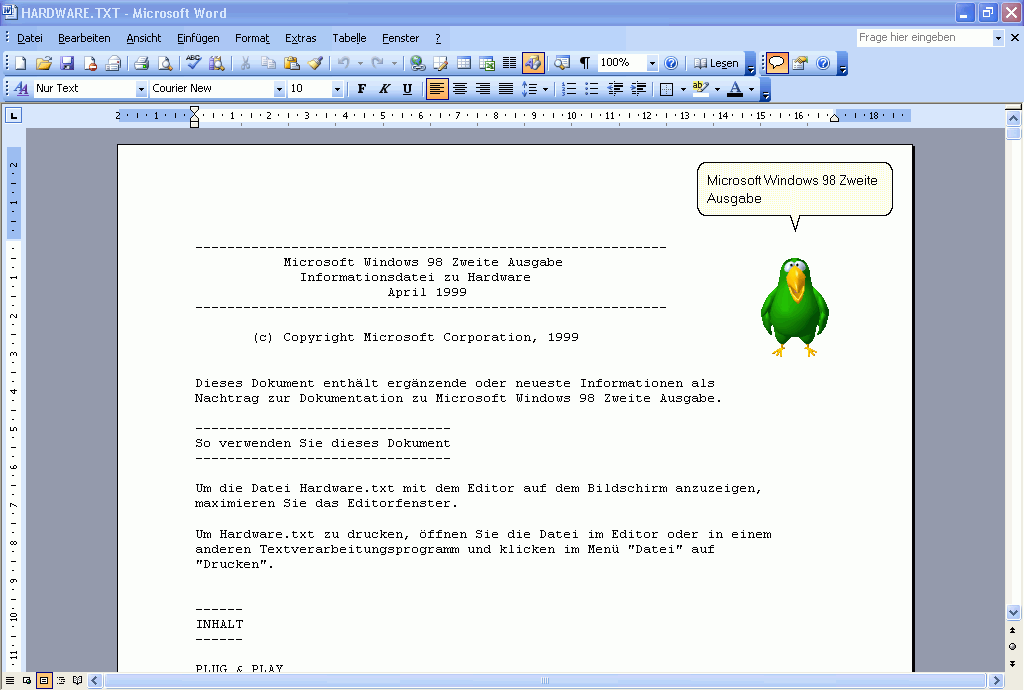 Word-Readout reads some text in Word 2003