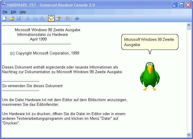 A sample file is read in Universal-Readout Console by the Microsoft Agent Peedy
