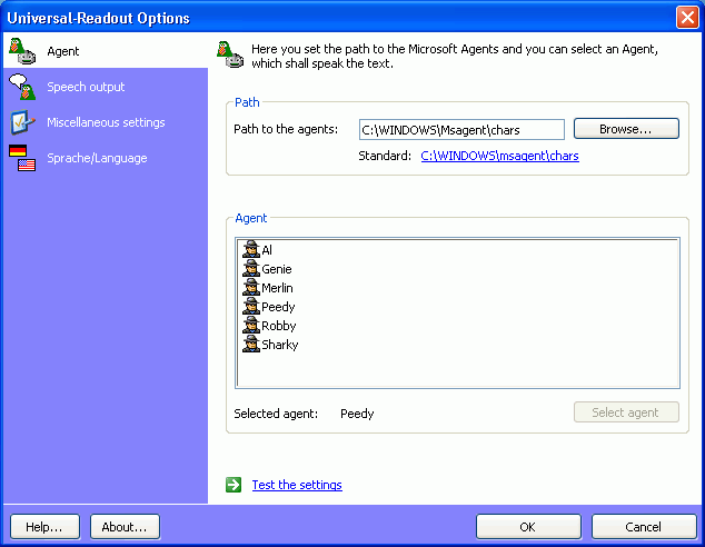 The Options dialog for selecting an agent and a voice